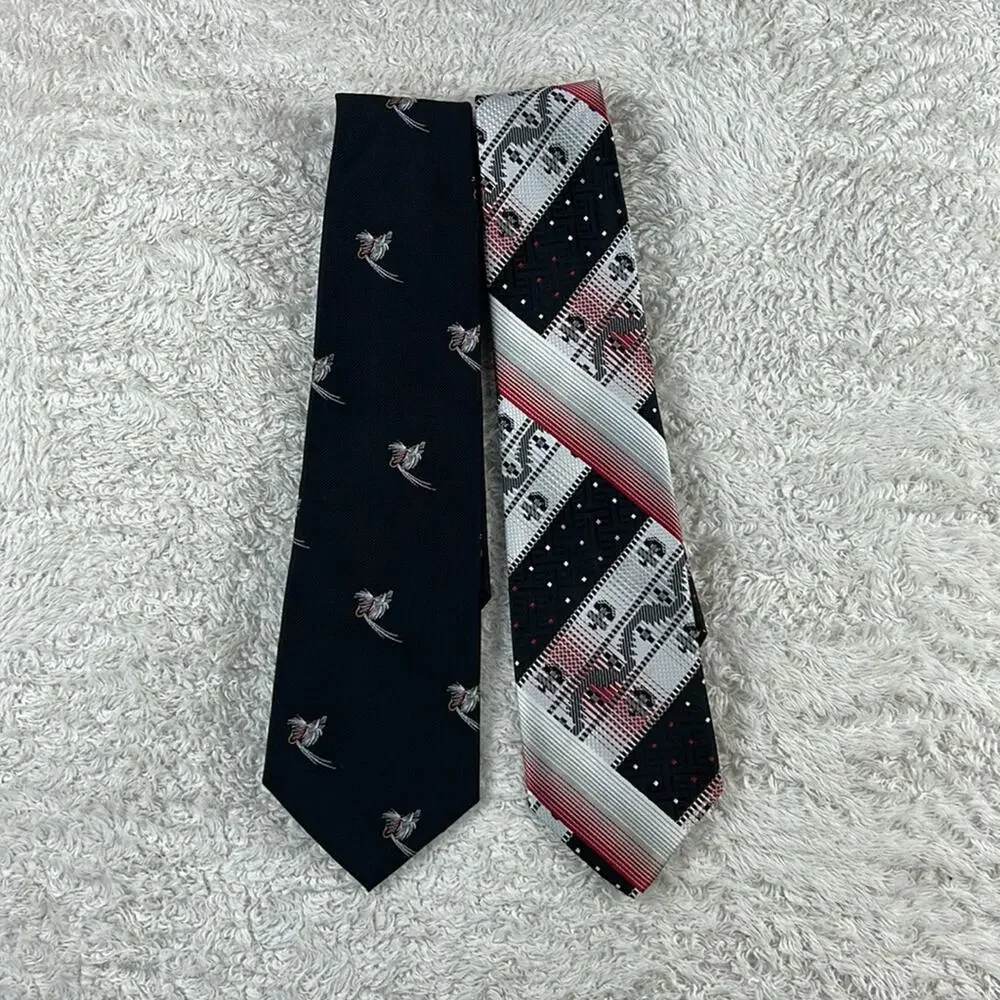 Vintage lot of‎ 2 Harleys Shorewood fly fishing necktie geometric red black tie